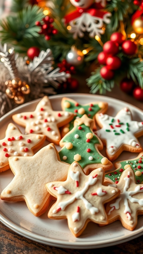 A plate of colorful Christmas sugar cookies decorated with icing and sprinkles.